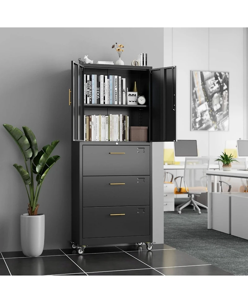 Boyel Living Metal File Cabinet with 3 Drawers and Shelf, Lockable Rolling Office Storage Organizer for Letter/A4 Size