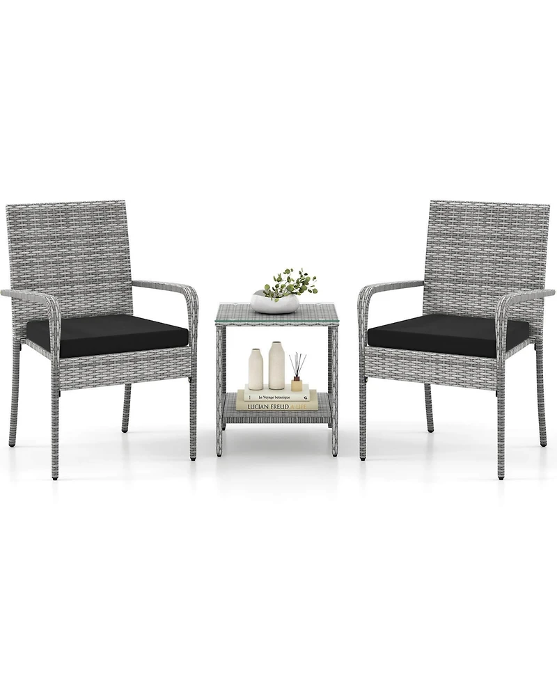 Costway 3 Pieces Patio Furniture Set with Seat Cushions and Tempered Glass Tabletop