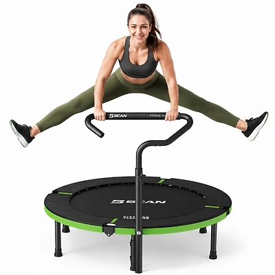 Bcan SP3 Foldable Mini Rebounder Trampoline with Adjustable T Shape Foam Handrail 48 Inch Indoor Garden Workout Trampoline for Adults 440LBS