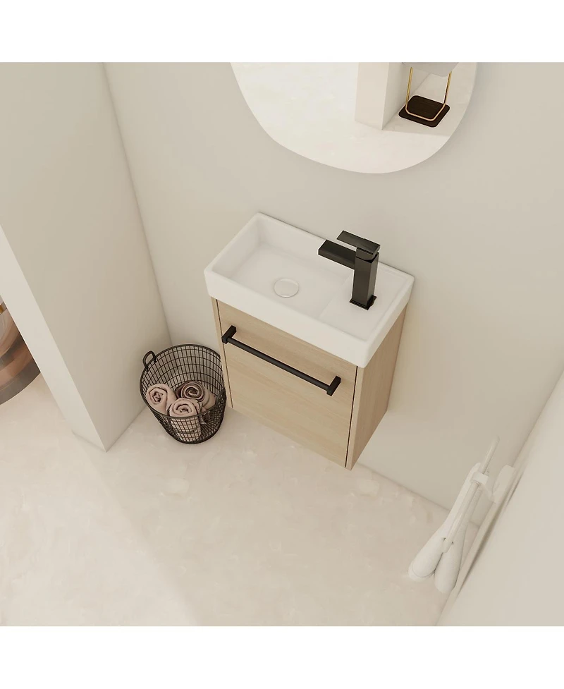 Sillysis 16 Inch Wall Mounted Bathroom Vanity with Ceramic Sink, Soft Close Door, Modern Floating Cabinet for Small Spaces