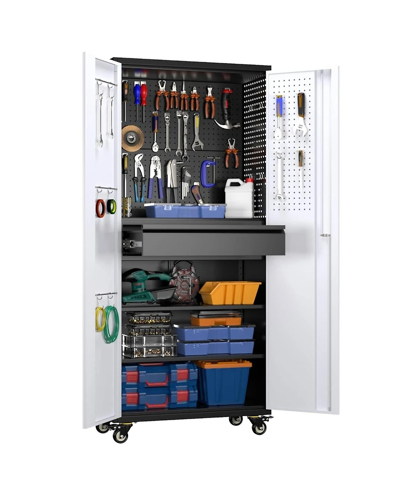 Boyel Living 71" Rolling Metal Tool Storage Cabinet, Lockable Utility Organizer with Pegboard and Drawer for Garage