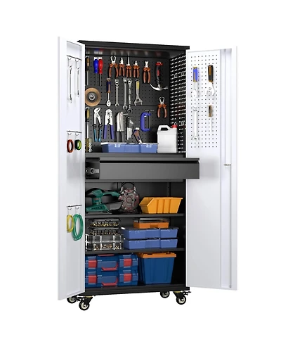 Boyel Living 71" Rolling Metal Tool Storage Cabinet, Lockable Utility Organizer with Pegboard and Drawer for Garage