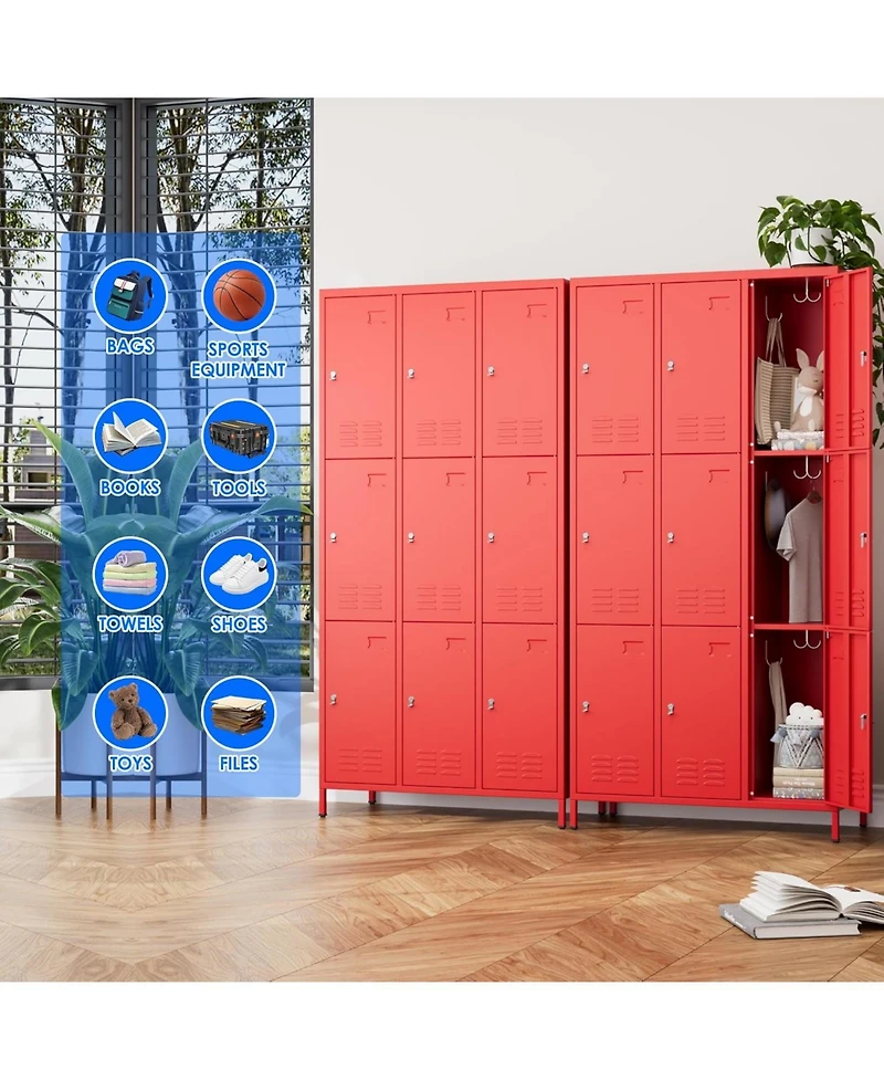 Boyel Living 9-Door Metal Locker with Business Card Holders and Hooks, Vented Employee Storage Cabinet for Gym Office
