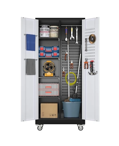 Boyel Living 71" Broom Closet Storage Cabinet with Wheels, Lockable Metal Organizer with Pegboard and Hooks for Garage
