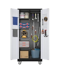 Boyel Living 71" Broom Closet Storage Cabinet with Wheels, Lockable Metal Organizer with Pegboard and Hooks for Garage