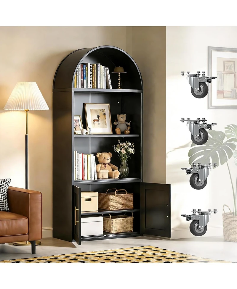 Boyel Living Arched Metal Bookcase with Wheels, Modern Display Shelf and Cabinet with Gold Handles and Glass Doors
