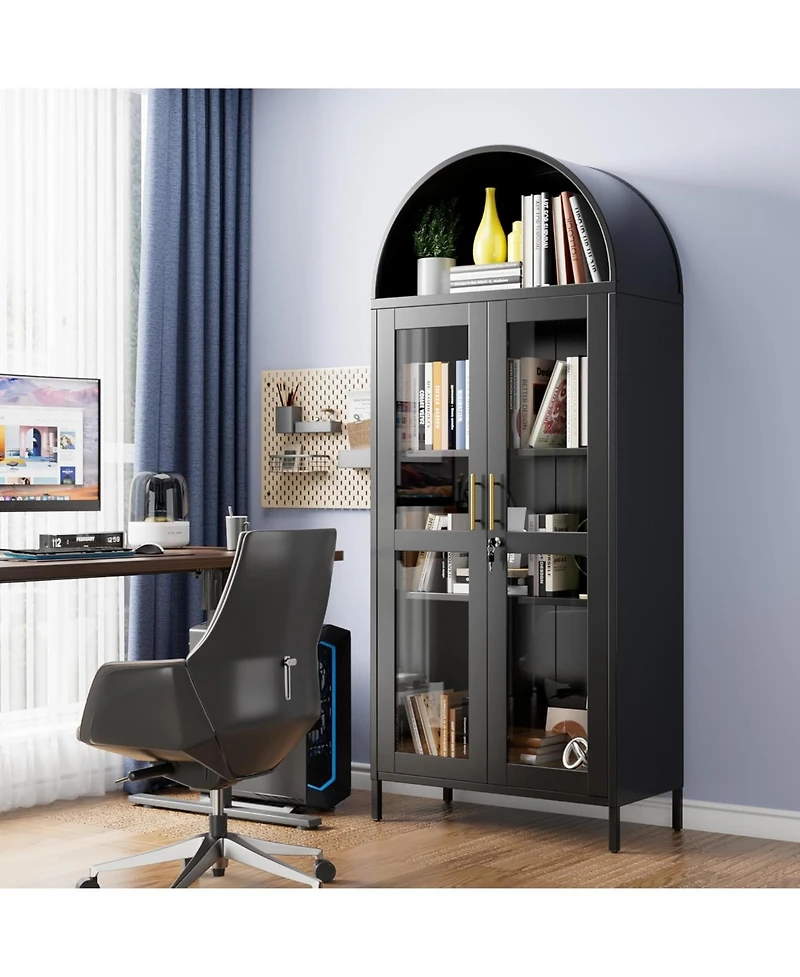 Boyel Living Metal Arched Display Cabinet with Lock, Glass Door Pantry Hutch and Bookshelf for Dining Room