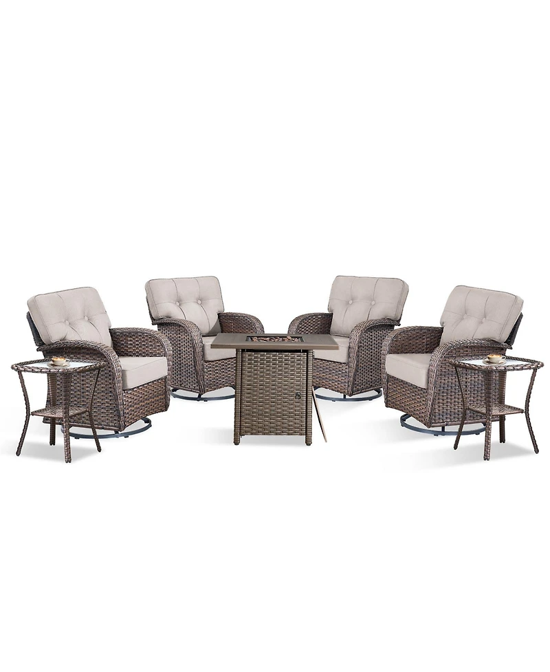 Pocassy 7Pcs Patio Rocking Swivel Chair with Square Fire Pit Table Outdoor Wicker Rattan Bistro Set Tempered Glass Side