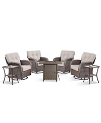 Pocassy 7Pcs Patio Rocking Swivel Chair with Square Fire Pit Table Outdoor Wicker Rattan Bistro Set Tempered Glass Side