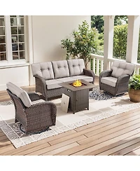 Pocassy 4 Pieces Patio Furniture Set, Wicker Outdoor Conversation Sets with Fire Pit Table for Backyard Garden Deck