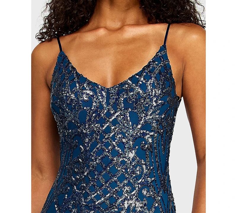 B Darlin Juniors' V-Neck Pattern Sequin Spaghetti Straps Dress