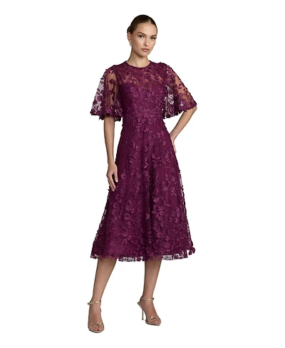 Mac Duggal Women's Flutter Sleeve Embroidered Midi Dress