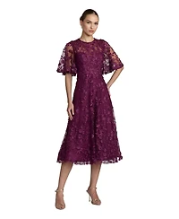 Mac Duggal Women's Flutter Sleeve Embroidered Midi Dress