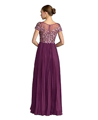 Mac Duggal Petite Embroidered Cap Sleeve High Neck Pleated Gown