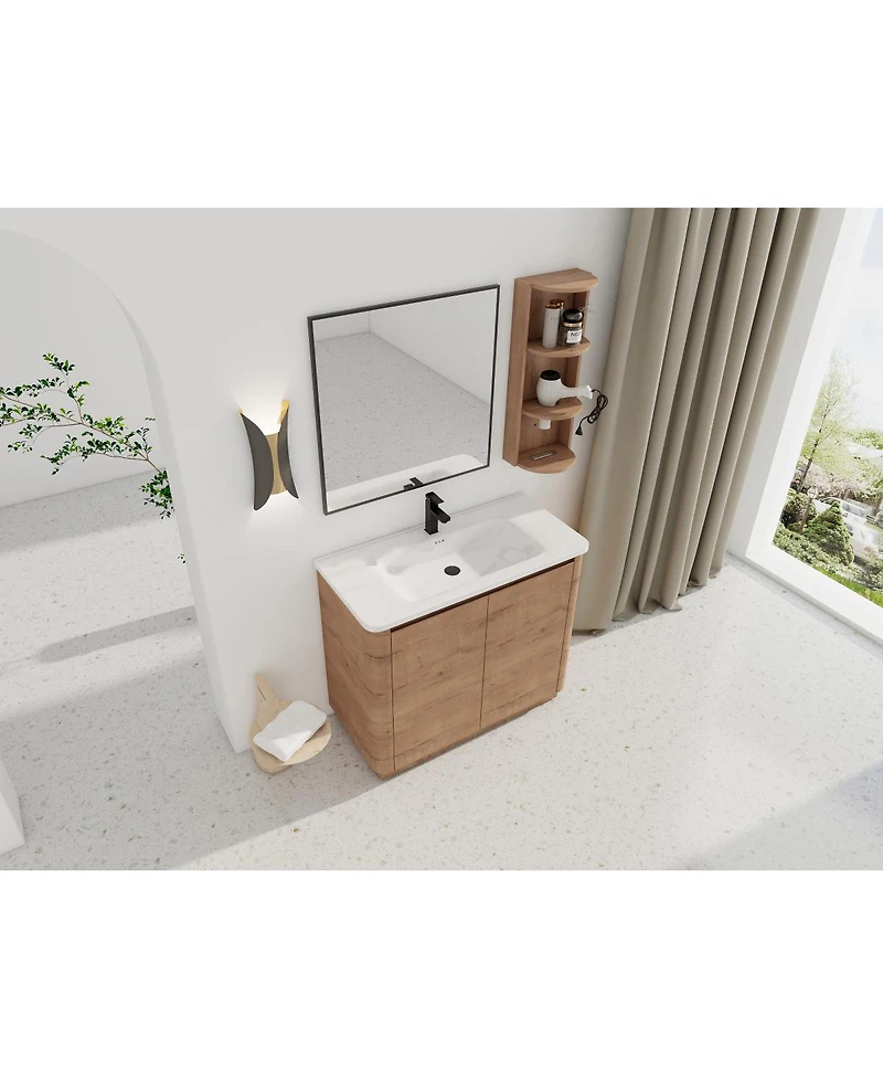 Sillysis Modern Bathroom Vanity Set with Storage Shelf, Freestanding Plywood Cabinet, Ceramic Sink, Soft Close Doors