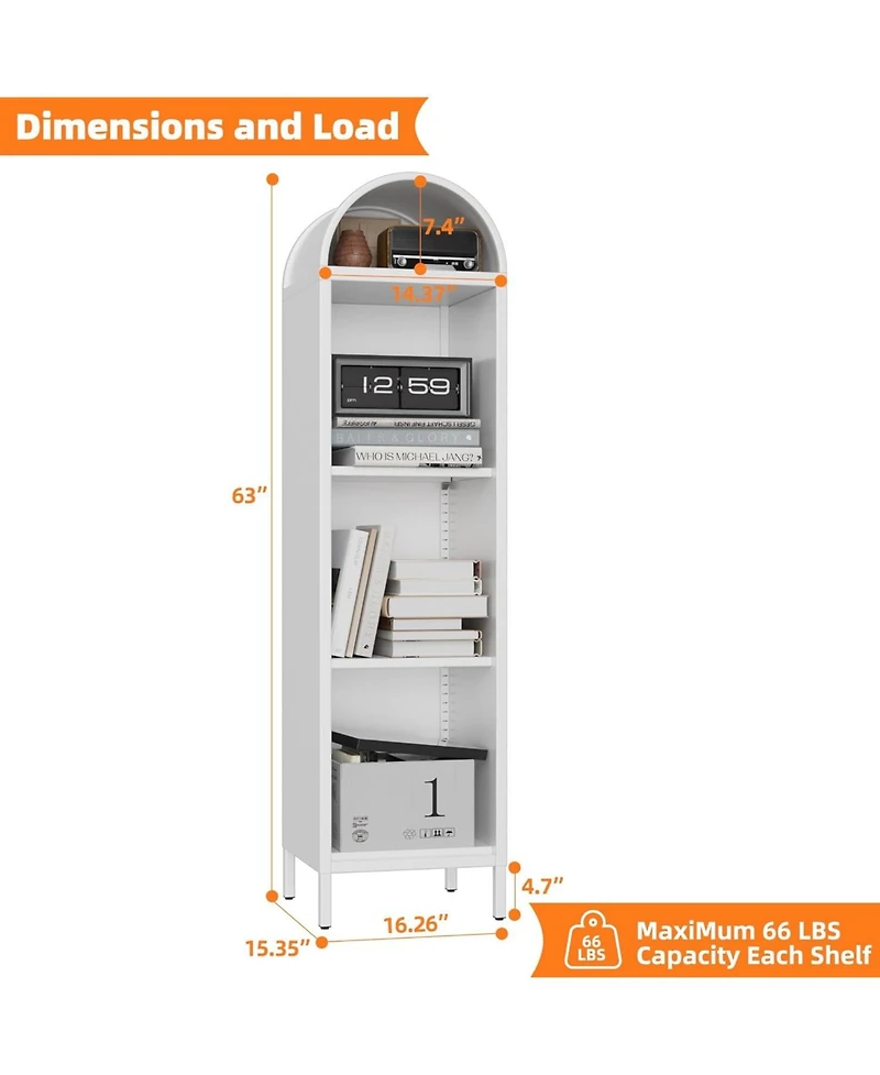 Boyel Living 63" H Arch Display Bookcase, Metal Pantry Storage Shelf with 2 Adjustable Shelves for Kitchen Office