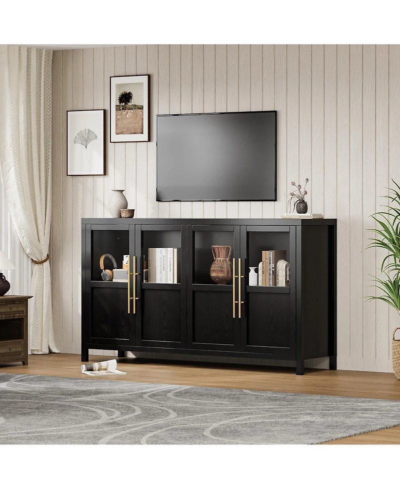 homfan Four-Door Glass Sideboard Cabinet with Storage Shelves, Buffet Server for Dining Room Living Kitchen