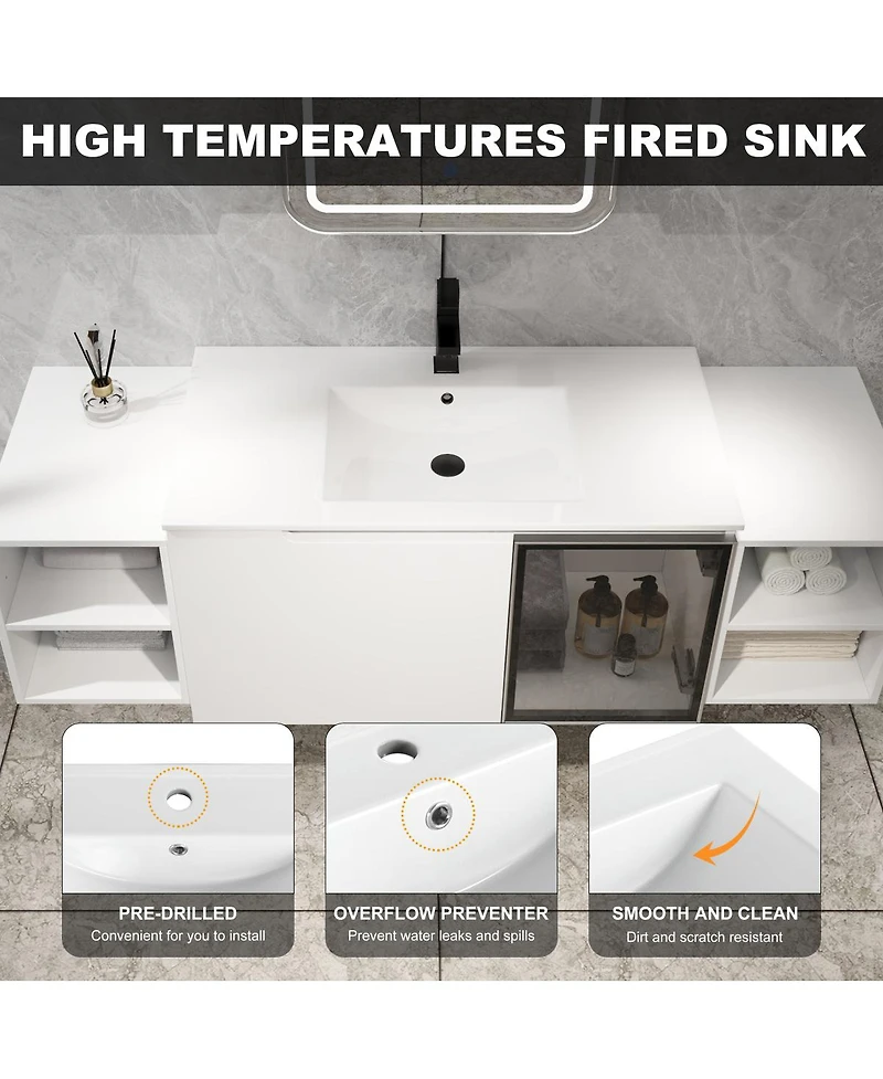 Sillysis Wall Mounted Bathroom Vanity with Ceramic Sink, Modern Floating Plywood Cabinet