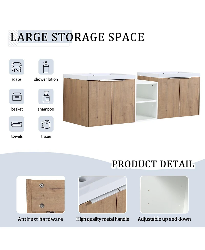 Sillysis 59 Inch Wall Mounted Double Bathroom Vanity with Resin Sinks, Plywood Cabinets and Open Storage for Modern Bathrooms