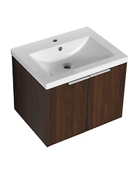 Sillysis 59 Inch Wall Mounted Double Bathroom Vanity with Resin Sinks, Plywood Cabinets and Open Storage for Modern Bathrooms