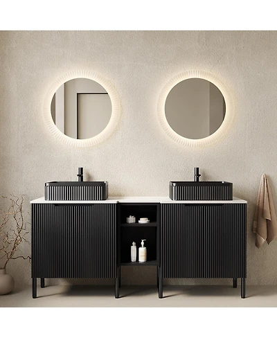 Sillysis 60 Inch Bathroom Vanity with Double Vessel Sinks, Sintered Stone Countertop, Soft Close Doors, Open Shelf Storage