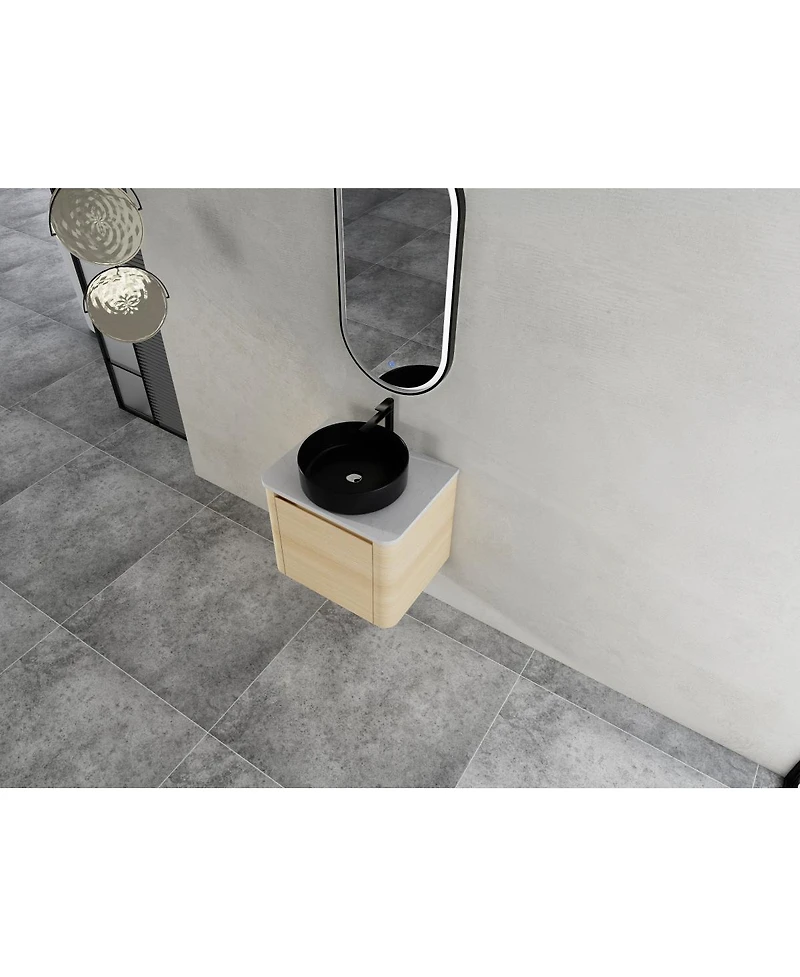 Sillysis 23.6 Inch Wall Mounted Modern Bathroom Vanity with Plywood Cabinet, Stone Countertop, Ceramic Vessel Sink for Small Spaces