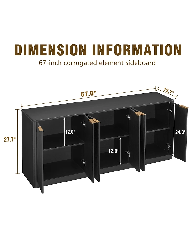 Streamdale Furniture 67 Inch Modern Wavy 6-Door Storage Sideboard