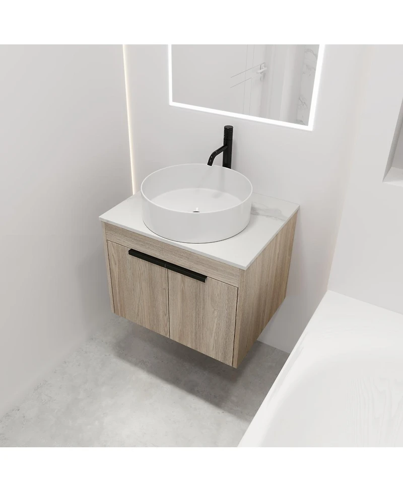 Sillysis 24" Wall Mounted Bathroom Vanity with Ceramic Vessel Sink, White Stone Top, Soft Close Doors