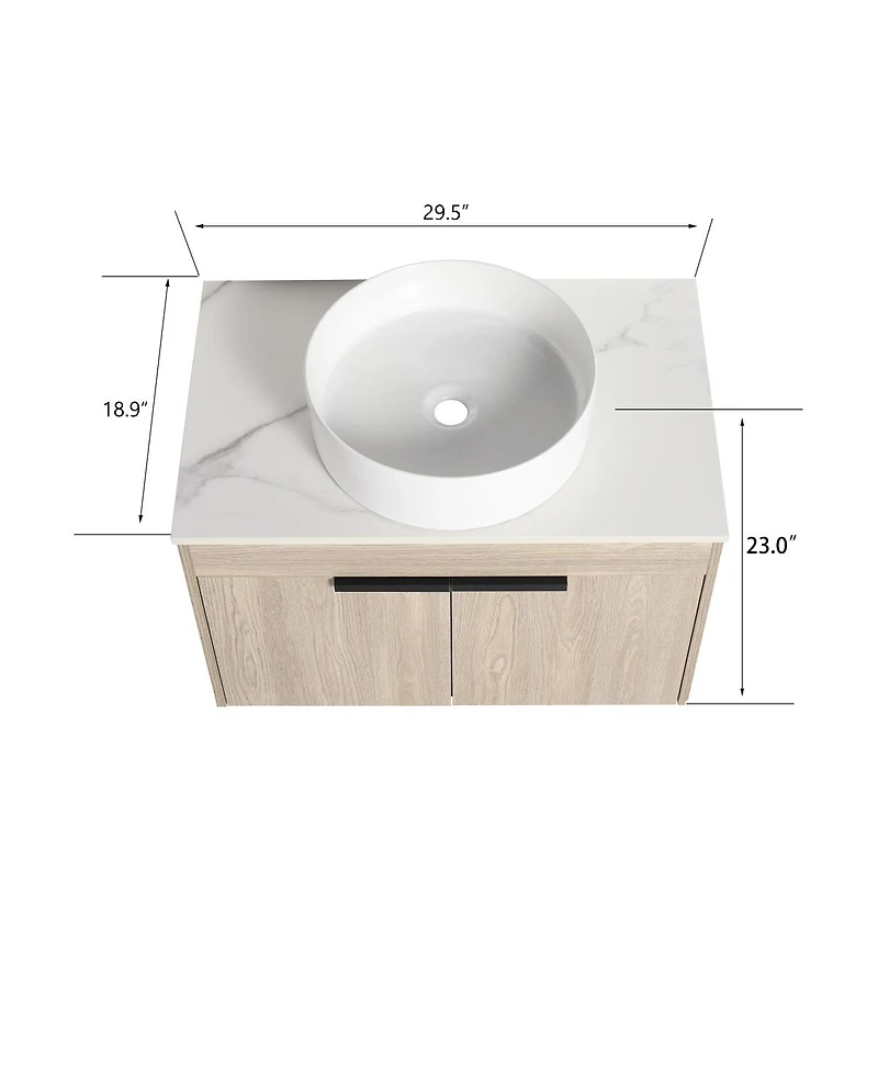 Sillysis 24" Wall Mounted Bathroom Vanity with Ceramic Vessel Sink, White Stone Top, Soft Close Doors
