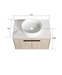 Sillysis 24" Wall Mounted Bathroom Vanity with Ceramic Vessel Sink, White Stone Top, Soft Close Doors