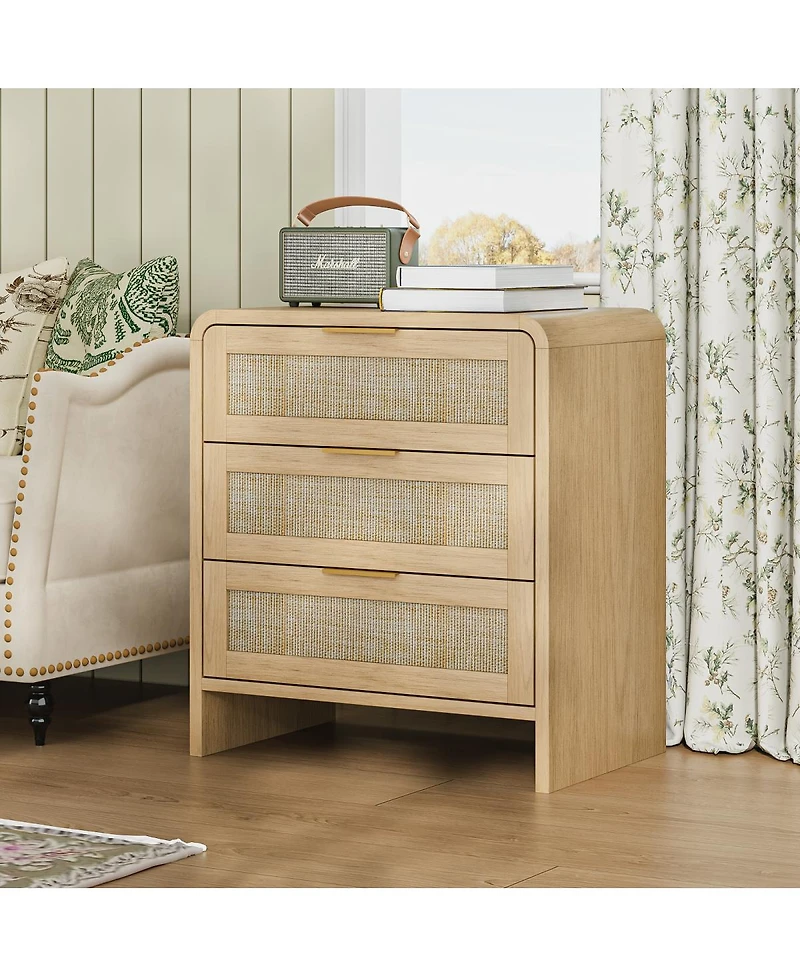 Streamdale Furniture 3-Drawer Rattan Nightstand 22.8'' Curved Wooden Bedside Table