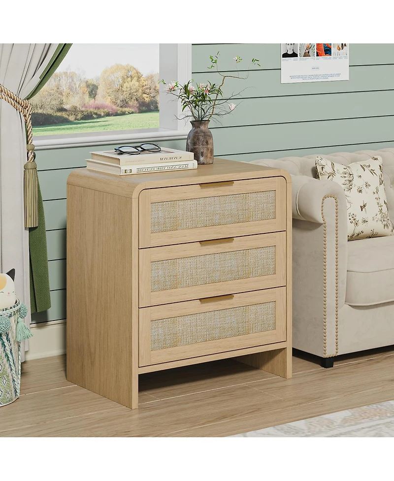 Streamdale Furniture 3-Drawer Rattan Nightstand 22.8'' Curved Wooden Bedside Table