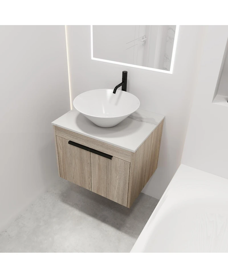 Sillysis Wall Mounted Bathroom Vanity with Ceramic Vessel Sink, Stone Top, Soft Close Doors