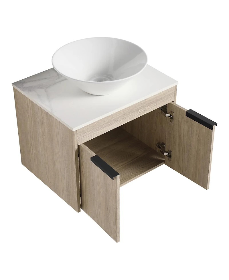 Sillysis Wall Mounted Bathroom Vanity with Ceramic Vessel Sink, Stone Top, Soft Close Doors