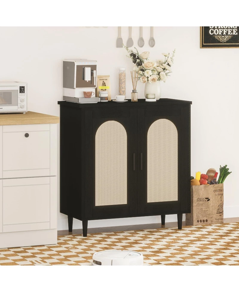 homfan Compact Rattan Buffet Sideboard Cabinet Single Door, Adjustable Shelves, Sturdy Wood Feet, Kitchen Storage Console Table