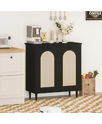 homfan Compact Rattan Buffet Sideboard Cabinet Single Door, Adjustable Shelves, Sturdy Wood Feet, Kitchen Storage Console Table