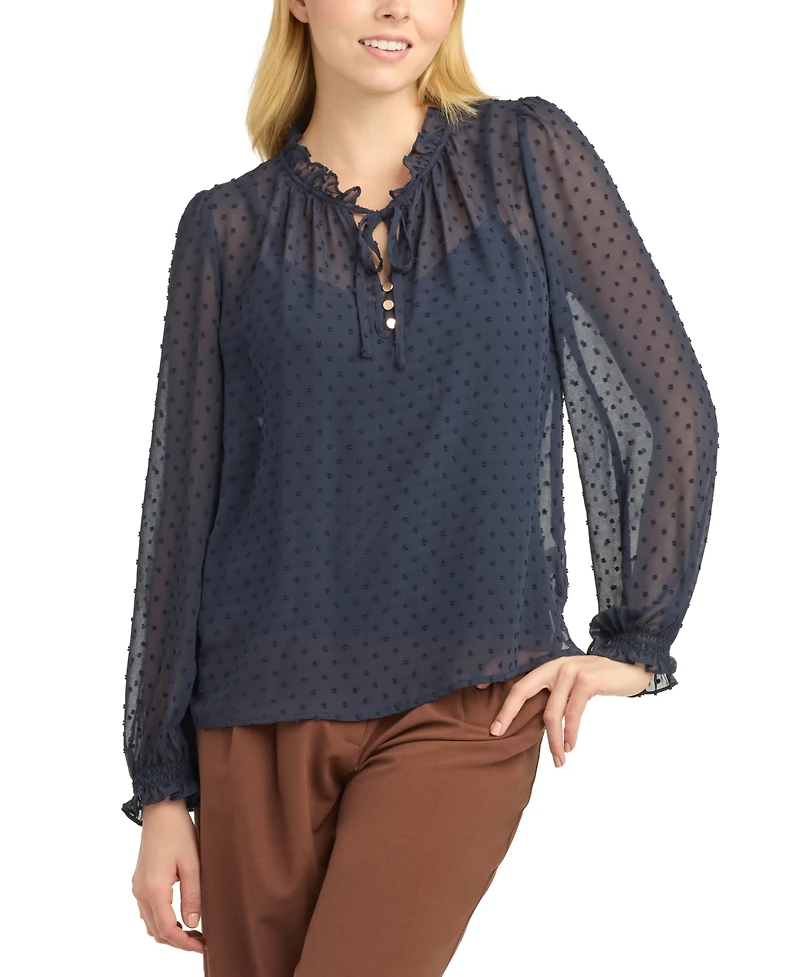 Bcx Juniors' Split Crewneck Ruffle Long-Sleeve Blouse