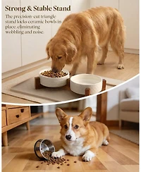 Aronkl Elevated Pet Feeder Set Ceramic Bowls Solid Wood Stand Silicone Mat Non Slip