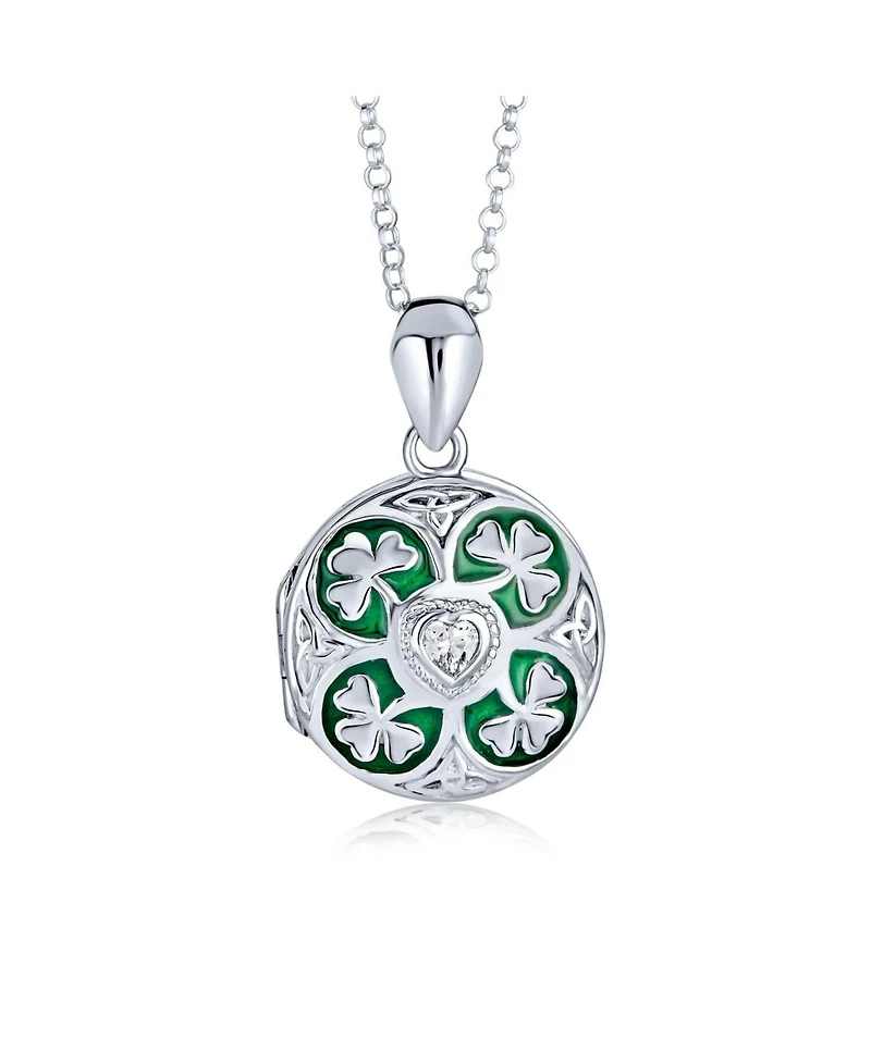 Bling Jewelry Celtic Lucky Clover Keepsake Photo Locket Necklace Round Lucky Enamel .925 Sterling Silver
