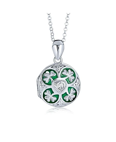 Bling Jewelry Celtic Lucky Clover Keepsake Photo Locket Necklace Round Lucky Enamel .925 Sterling Silver