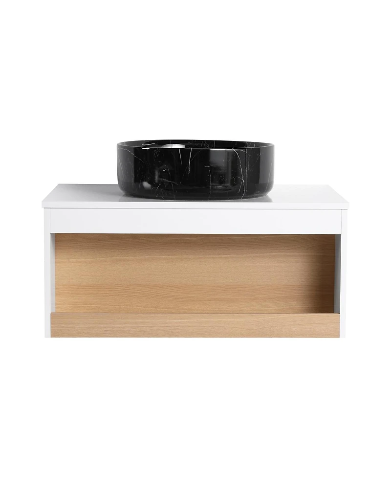 Sillysis Inch Wall Mounted Bathroom Vanity with Marble Vessel Sink, Floating Plywood Cabinet