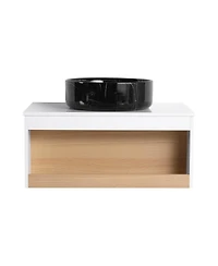Sillysis Inch Wall Mounted Bathroom Vanity with Marble Vessel Sink, Floating Plywood Cabinet