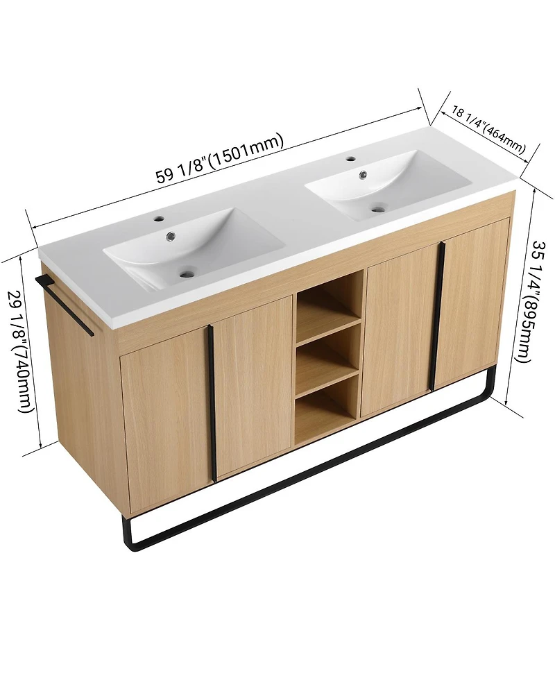 Sillysis 59 Inch Freestanding Double Sink Bathroom Vanity with Soft Close Doors, Open Storage and Towel Bar, Modern Plywood Cabinet