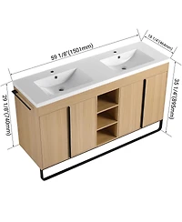 Sillysis 59 Inch Freestanding Double Sink Bathroom Vanity with Soft Close Doors, Open Storage and Towel Bar, Modern Plywood Cabinet