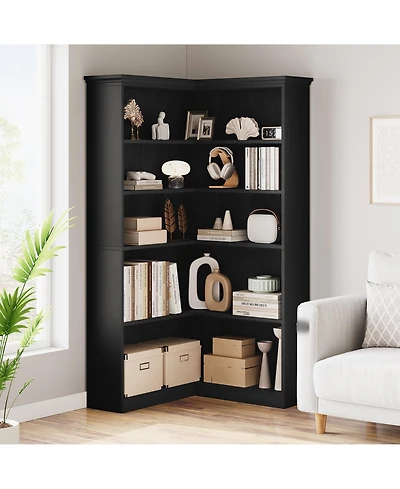 homfan Tall L-Shaped Corner Bookshelf, Farmhouse Design 5-Tier Large Wooden Bookcase, Modern Storage Display Shelf for Living Room, Bedroom