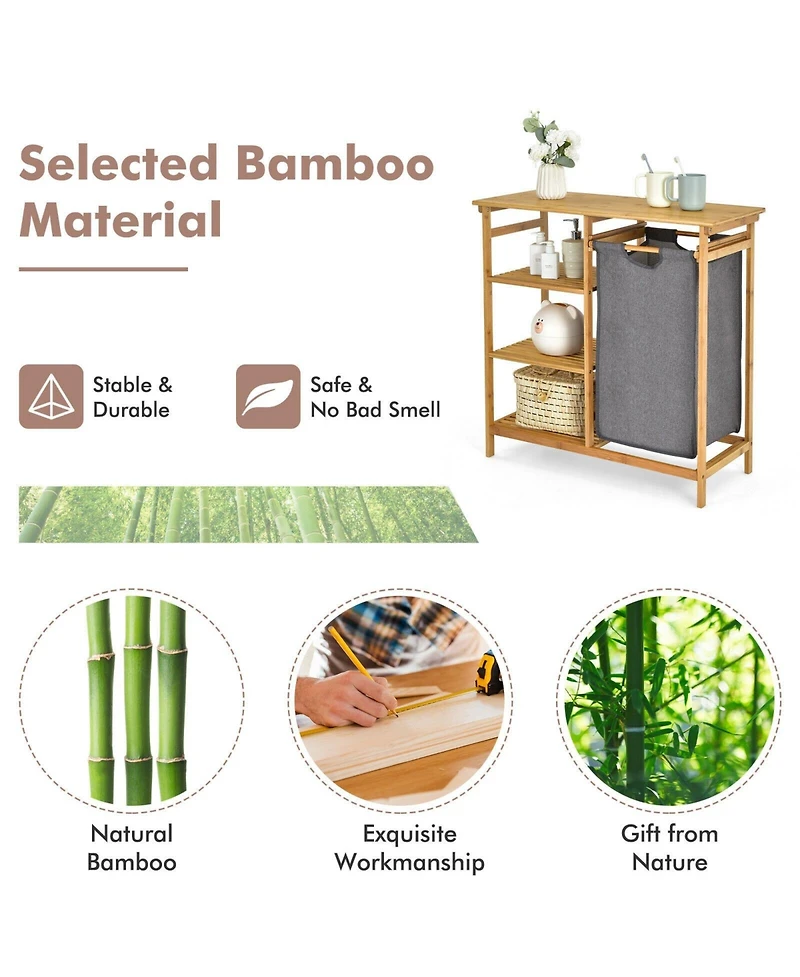 Volenca Bamboo Laundry Hamper Stand with Removable Sliding Bag and 3-Tier Open Shelves