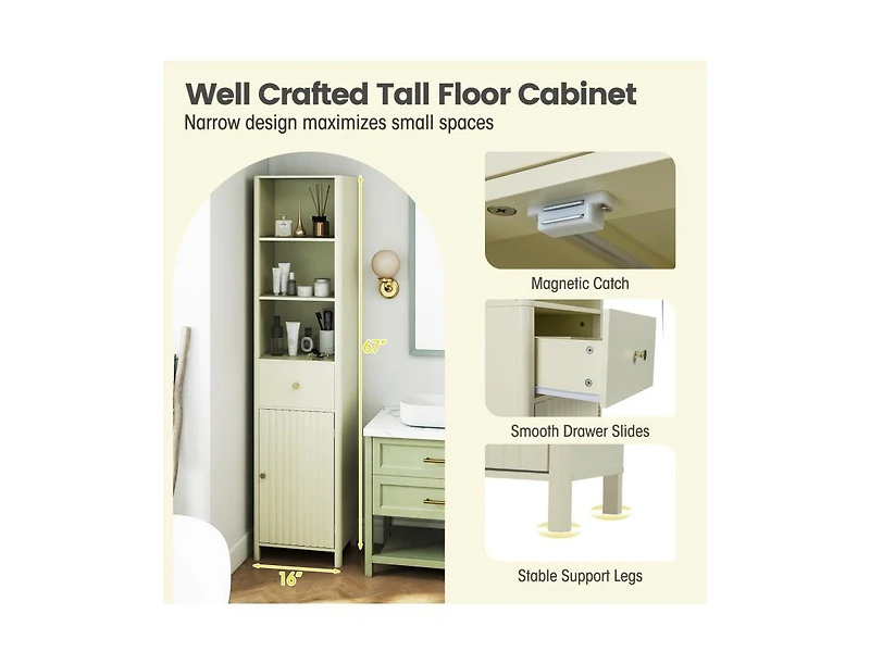 Volenca 67-in Tall Narrow Bathroom Cabinet with Fluted Door and Drawer