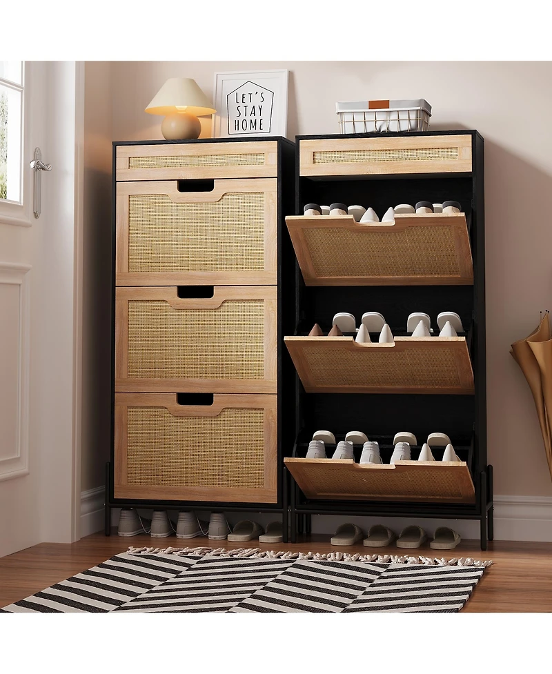 Homfan Rattan Shoe Storage Cabinet with 3 Flip Doors and 1 Drawer, Freestanding Shoe Organizer for Entryway with Adjustable Shelves