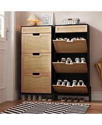 Homfan Rattan Shoe Storage Cabinet with 3 Flip Doors and 1 Drawer, Freestanding Shoe Organizer for Entryway with Adjustable Shelves