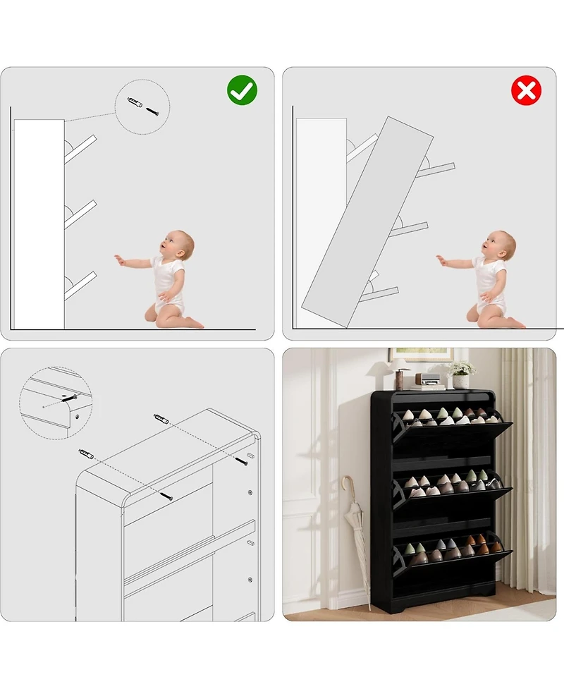 Homfan Narrow Shoe Cabinet - 3 Flip Drawers, Freestanding Shoe Storage for Entryway, Hallway or Small Space